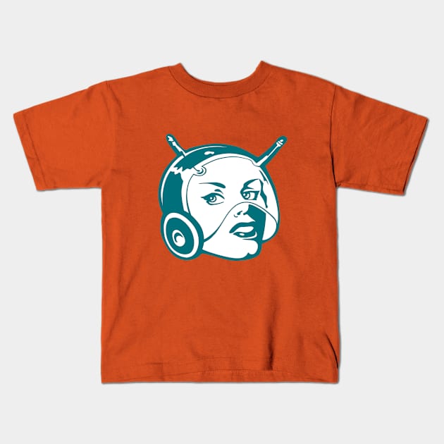 Faces: SciFi lady on a teal and orange pattern background Kids T-Shirt by VrijFormaat